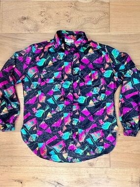 VTG 80s All Hours Neon Black Geometric Abstract Satin Button Down Shirt Womens M